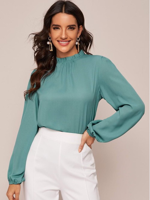 Frilled Neck Puff Sleeve Blouse