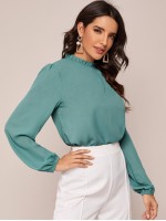 Frilled Neck Puff Sleeve Blouse