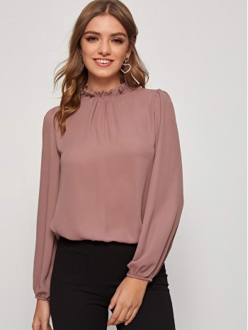 Frilled Neck Keyhole Back Blouson Sleeve Top