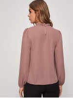 Frilled Neck Keyhole Back Blouson Sleeve Top