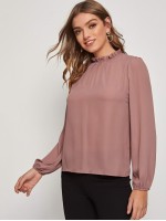 Frilled Neck Keyhole Back Blouson Sleeve Top