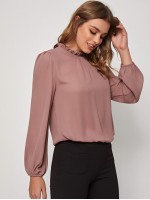 Frilled Neck Keyhole Back Blouson Sleeve Top