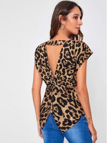 Twist & Cutout Back Leopard Top