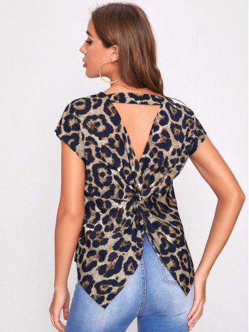 Twist Back Asymmetrical Hem Leopard Top