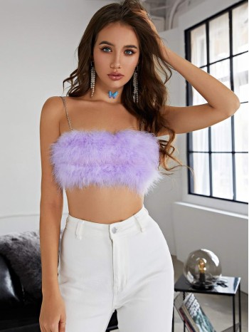 Neon Orange Chain Strap Faux Fur Cami Top