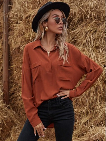 Dual Pocket Curved Hem Utility Blouse