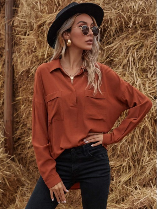 Dual Pocket Curved Hem Utility Blouse