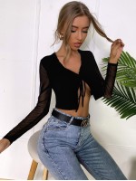 Tie Front Mesh Sleeve Top