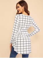 Waist Belted Asymmetrical Hem Grid Top