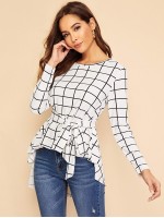 Waist Belted Asymmetrical Hem Grid Top