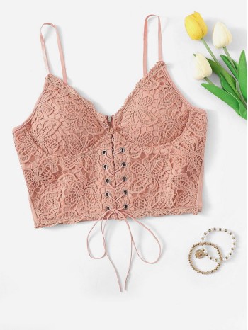 Floral Crochet Lace-Up Bustier Cami Top