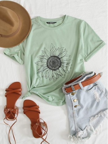 Rolled Sleeve Sunflower Print Tee