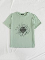 Rolled Sleeve Sunflower Print Tee