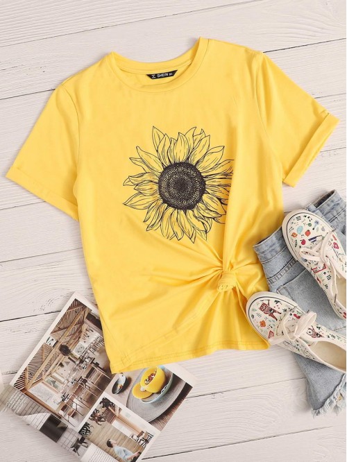 Rolled Sleeve Sunflower Print Tee