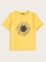 Rolled Sleeve Sunflower Print Tee