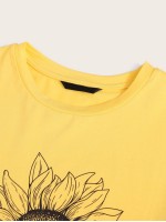 Rolled Sleeve Sunflower Print Tee