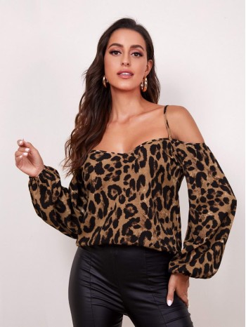 Cold Shoulder Bishop Sleeve Leopard Top