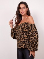 Cold Shoulder Bishop Sleeve Leopard Top