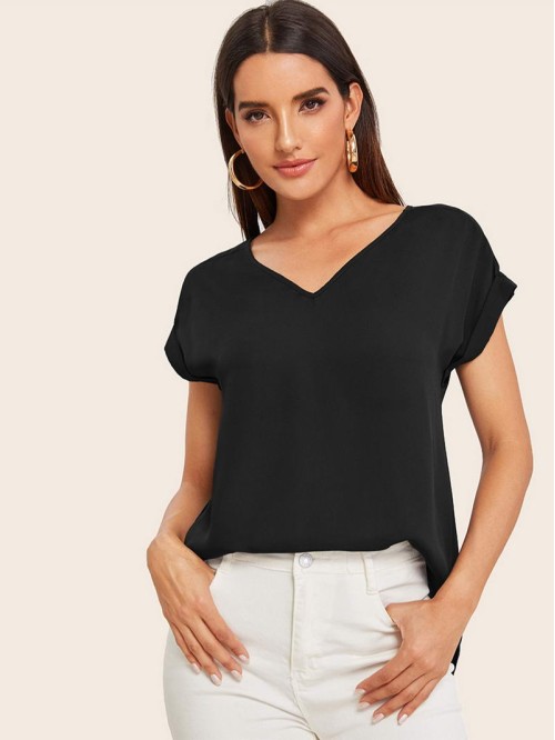 V-neck Cuffed Sleeve High-low Hem Top