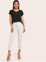 V-neck Cuffed Sleeve High-low Hem Top