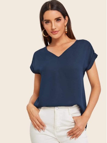 V-neck Cuffed Sleeve High-low Hem Top