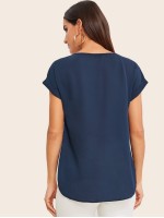 V-neck Cuffed Sleeve High-low Hem Top