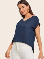 V-neck Cuffed Sleeve High-low Hem Top