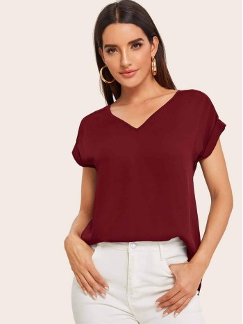 Solid V-Neck Rolled Sleeve Top