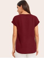 Solid V-Neck Rolled Sleeve Top