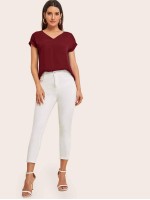 Solid V-Neck Rolled Sleeve Top