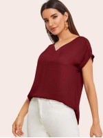 Solid V-Neck Rolled Sleeve Top