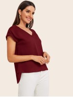 Solid V-Neck Rolled Sleeve Top