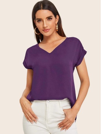 V-neck Cuffed Sleeve High-low Hem Top