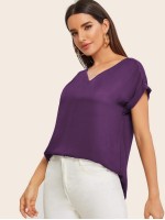 V-neck Cuffed Sleeve High-low Hem Top