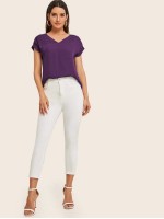 V-neck Cuffed Sleeve High-low Hem Top