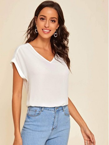 Solid V-Neck Rolled Sleeve Top