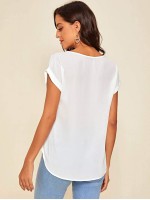 Solid V-Neck Rolled Sleeve Top