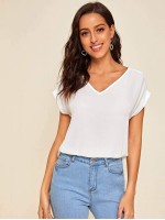 Solid V-Neck Rolled Sleeve Top