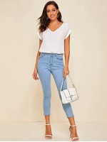 Solid V-Neck Rolled Sleeve Top