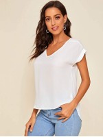 Solid V-Neck Rolled Sleeve Top