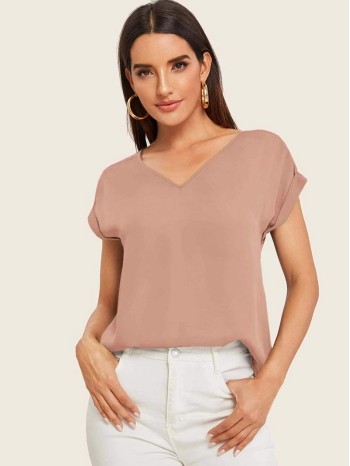 Solid V-Neck Rolled Sleeve Top