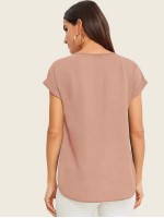 Solid V-Neck Rolled Sleeve Top