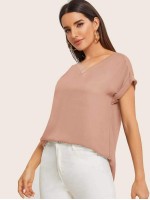 Solid V-Neck Rolled Sleeve Top