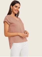 Solid V-Neck Rolled Sleeve Top