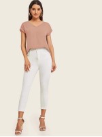 Solid V-Neck Rolled Sleeve Top