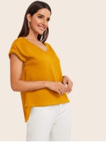 Rolled Cuff High Low Hem Top