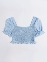 Drawstring Front Shirred Back Puff Sleeve Top