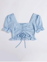 Drawstring Front Shirred Back Puff Sleeve Top