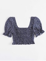 Drawstring Detail Ruffle Hem Puff Sleeve Crop Top