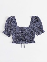 Drawstring Detail Ruffle Hem Puff Sleeve Crop Top